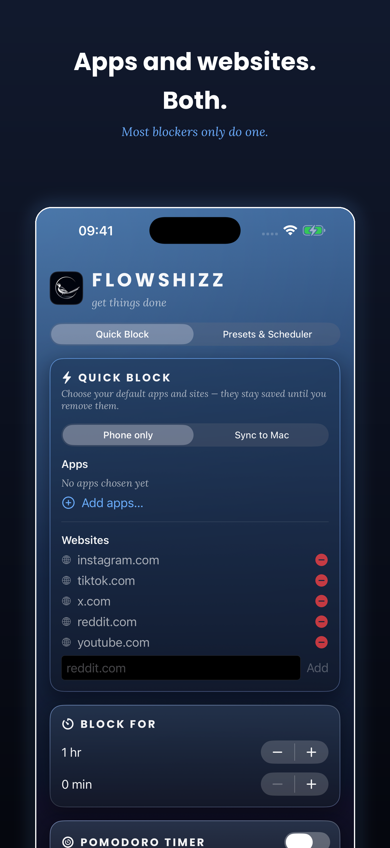 FlowShizz Quick Block screen for blocking apps and websites.