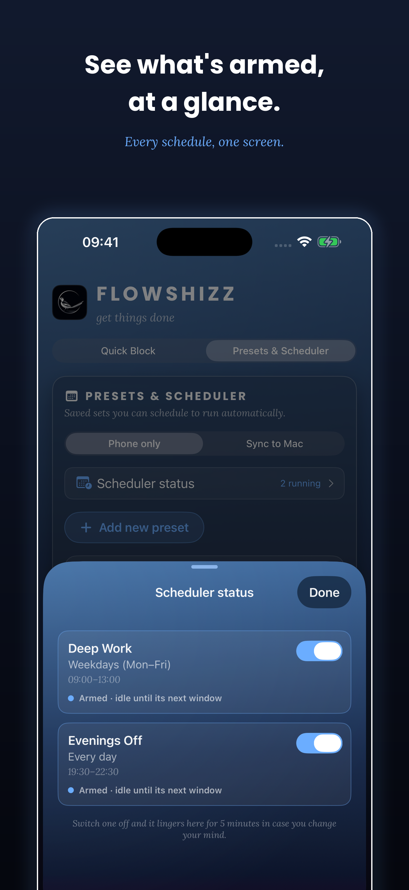 FlowShizz scheduler status showing armed schedules.